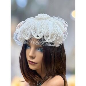 Vintage White Bridal Pillbox Hat with Birdcage Veil Rose Detail